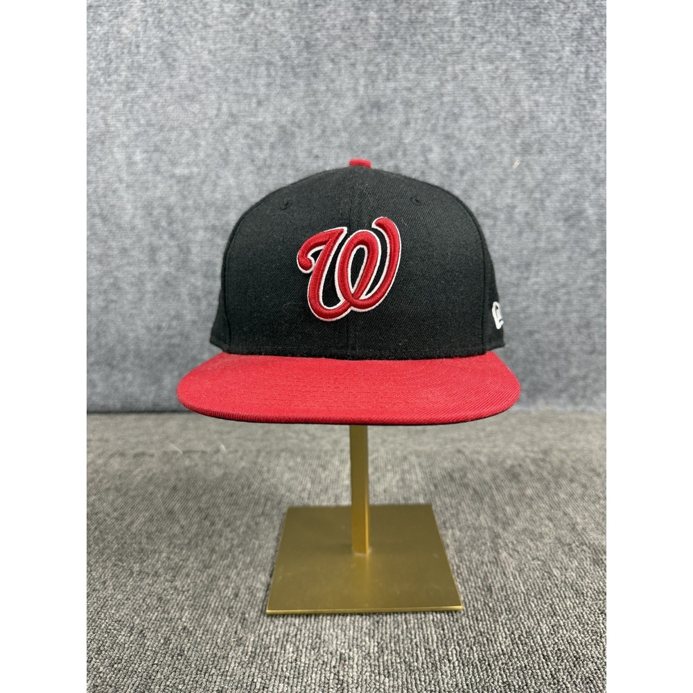 Washington Nationals Hat Cap Fitted Mens 7 3/8 Black Red MLB Baseball New Era